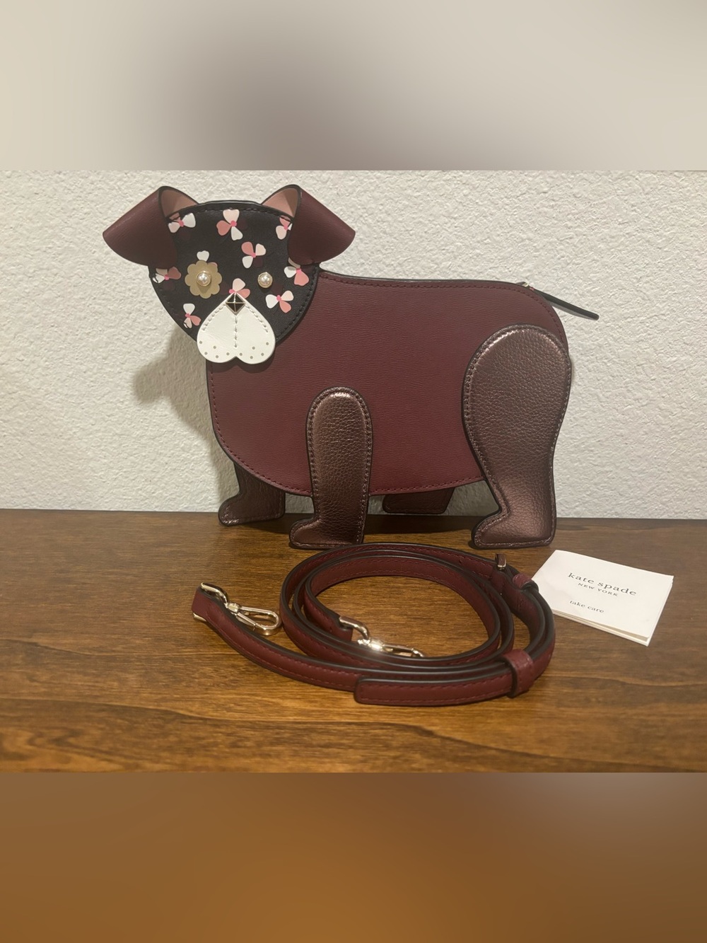 kate spade Burgundy and Brown Dog Crossbody Bag with Floral Face - Picture 2 of 13